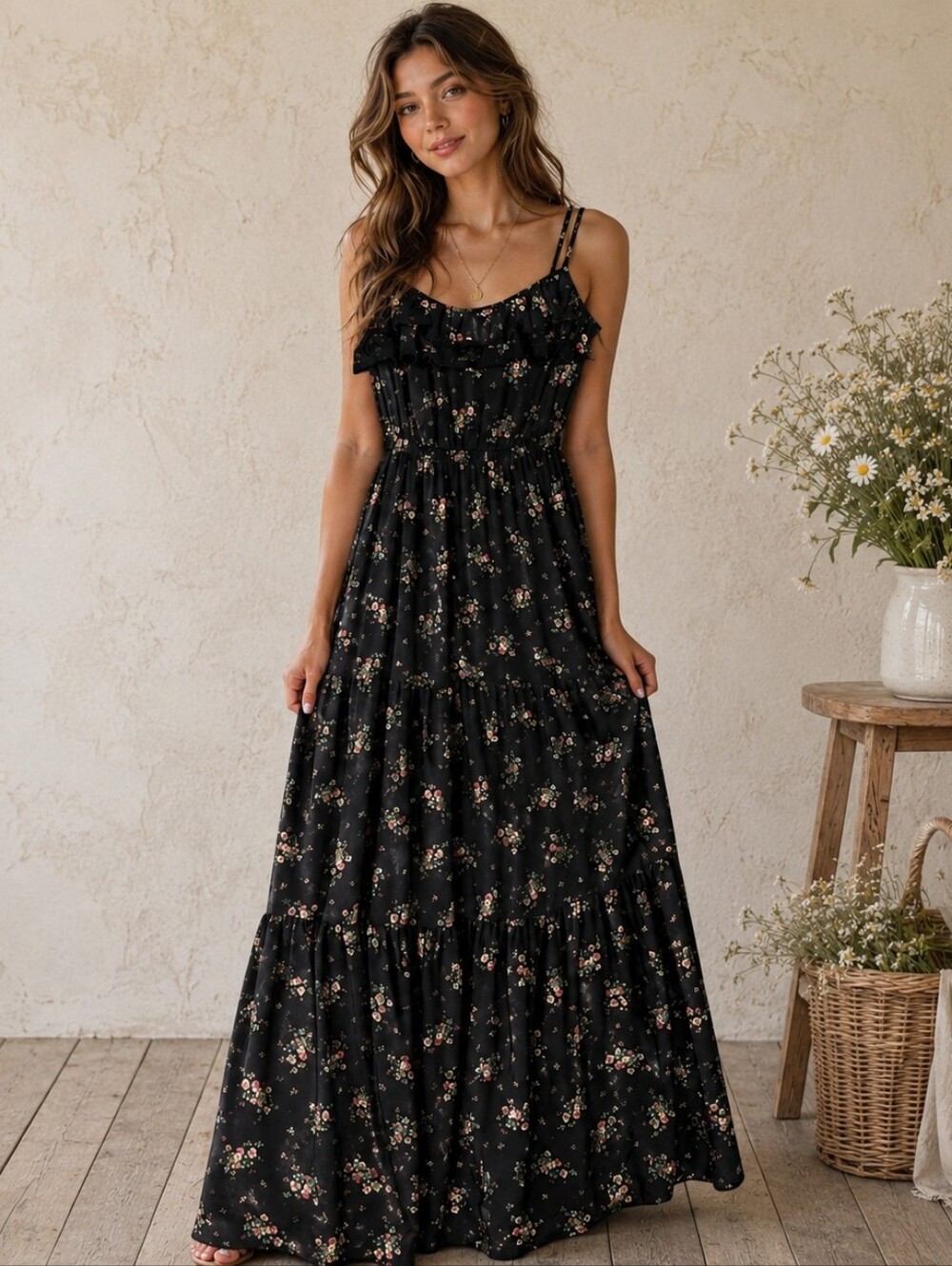 Guess Maxi Dress Sz 4 Tiered Flowy Chiffon Cottage Dark Romantic Garden Party